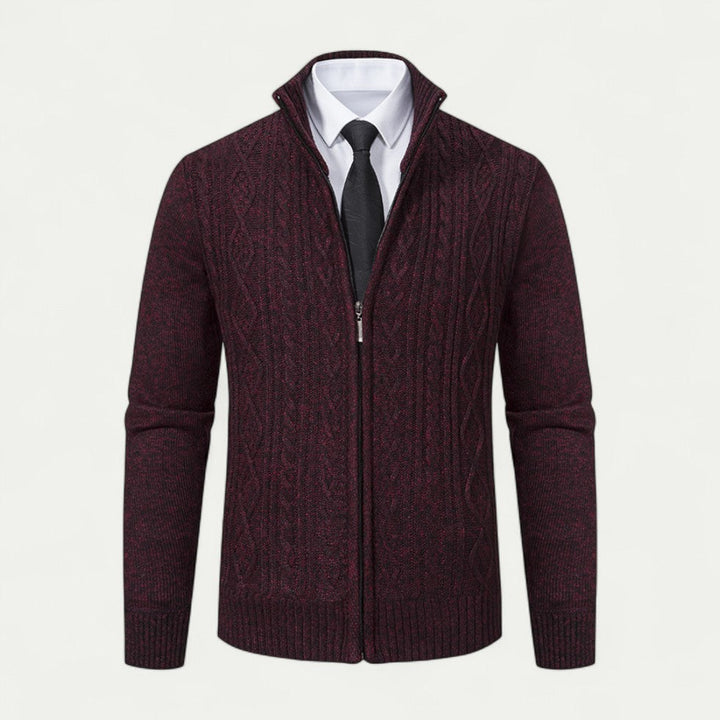Stylish men's knitted zip cardigan. Classic men's fashion layer, ideal for smart casual or everyday versatile wear.