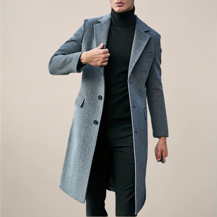 Men's classic lapel long overcoat, perfect for sophisticated fall & winter outerwear. Warm and elegant.
