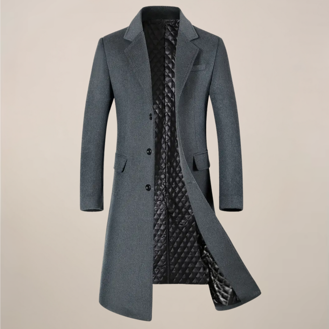 Tailored men's trench coat, long & elegant, warm outerwear for fall & winter fashion.