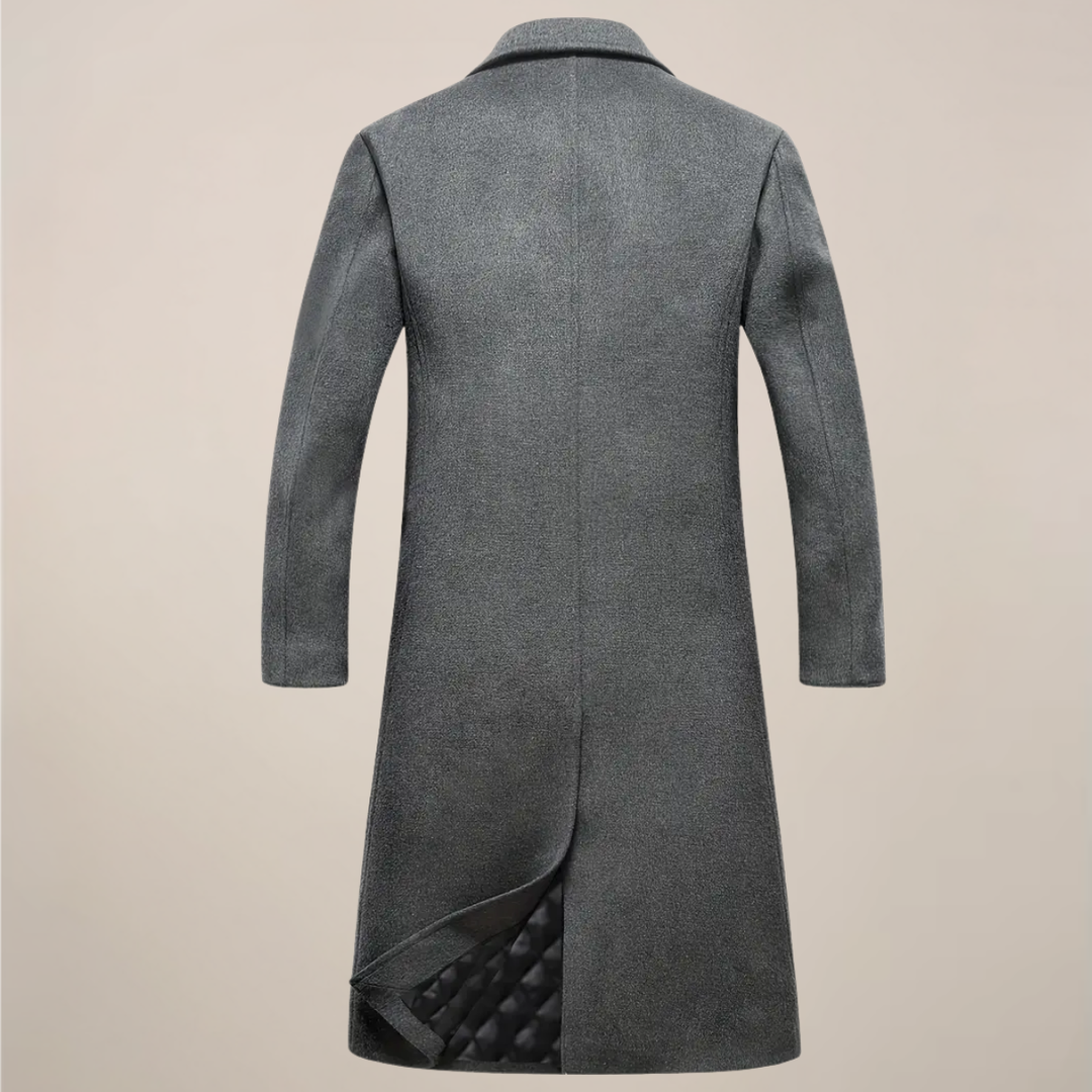 Men's elegant long lapel overcoat, a classic tailored fit for stylish winter & fall fashion.
