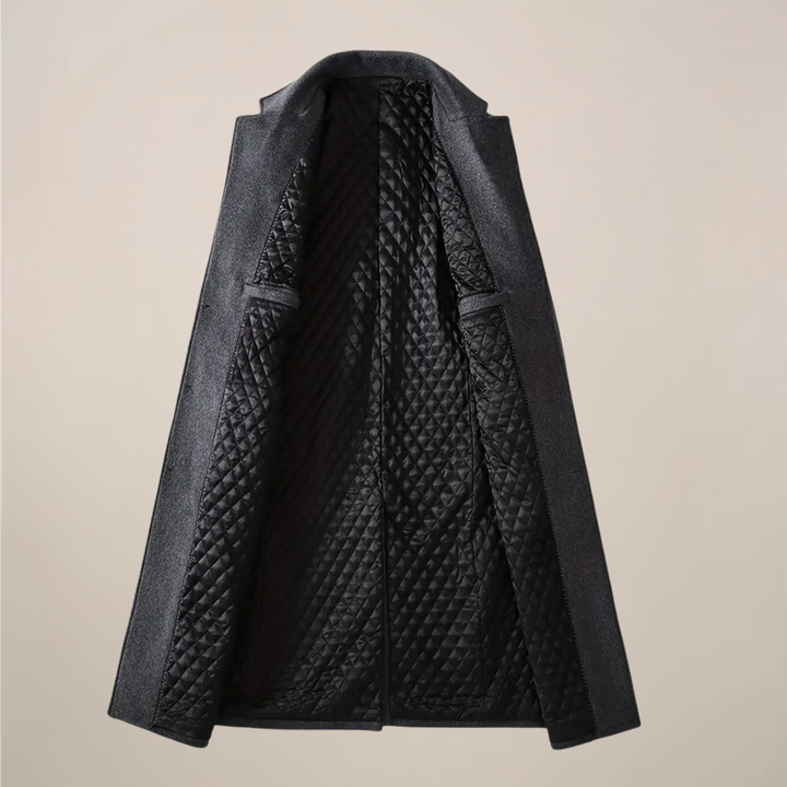 Man wearing a warm, classic lapel long overcoat, ideal for fall and winter elegant outerwear.