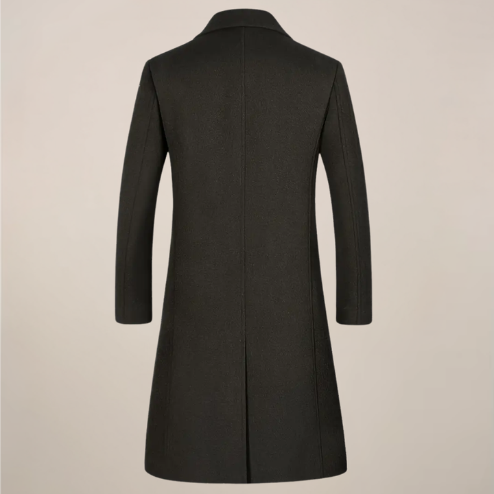 Classic men's fall & winter long overcoat with lapels, a timeless tailored trench coat design.