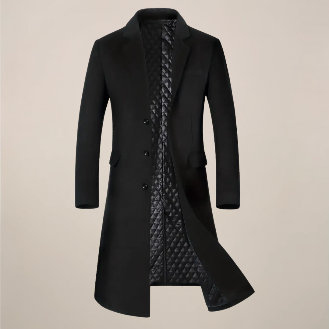 Sophisticated men's long trench coat, a warm classic lapel overcoat for fall and winter elegance.