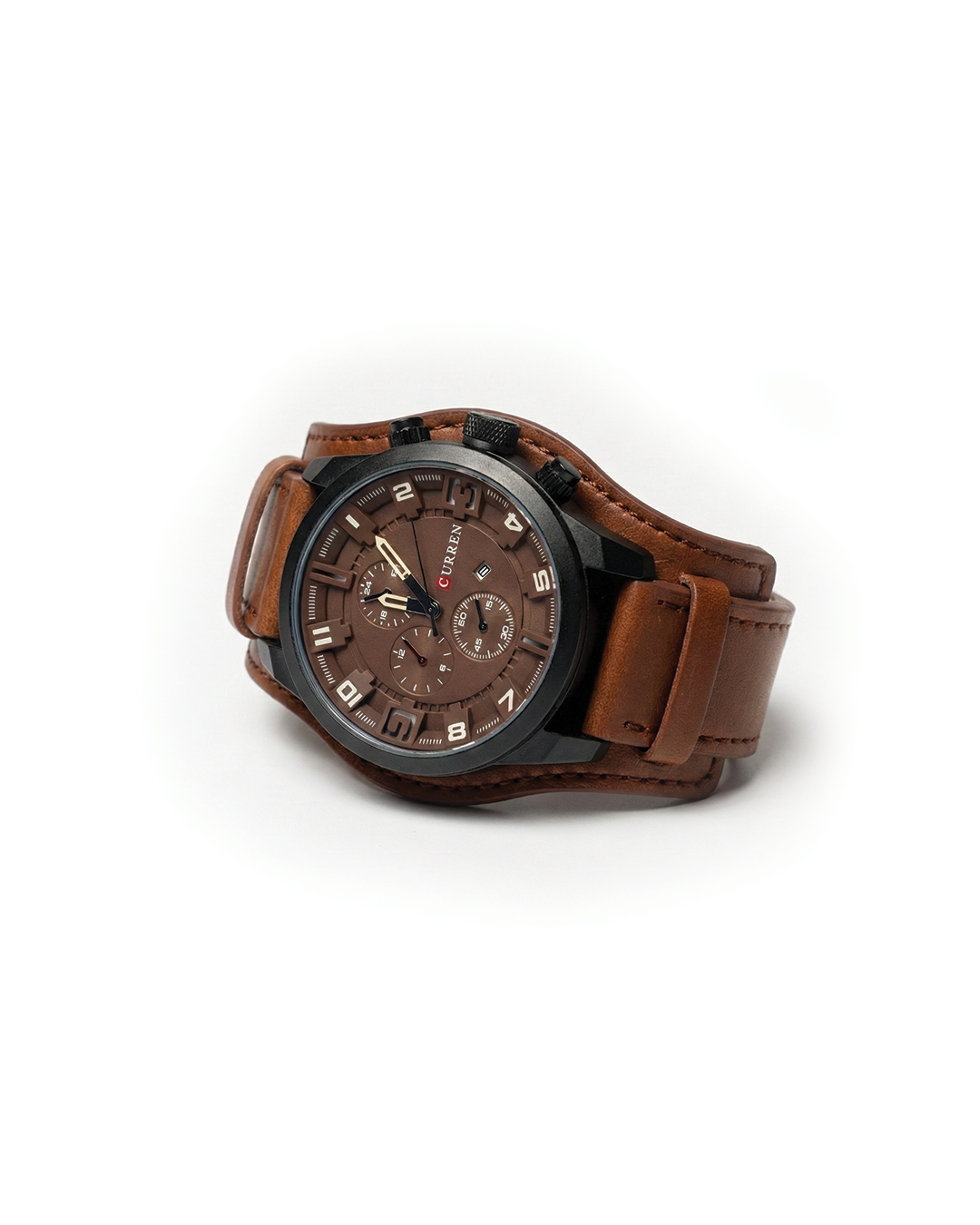 Men's classic leather chronograph watch with analog display.