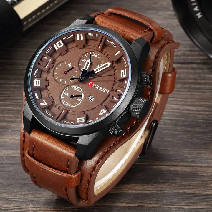 Luxury men's classic leather chronograph wrist watch for sophisticated style.
