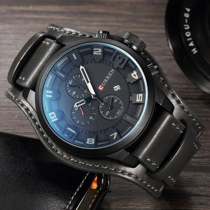 Water-resistant men's leather chronograph watch, perfect for daily wear.