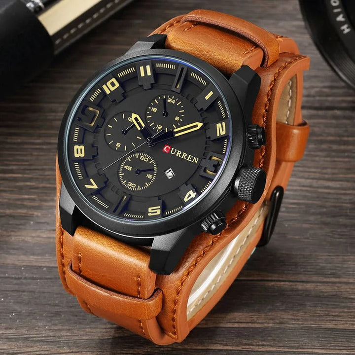 Genuine leather strap chronograph watch for men, classic and durable.