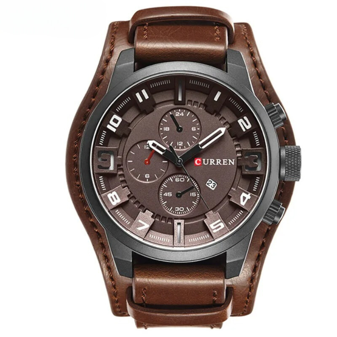 Elegant gift for men: classic leather chronograph analog wrist watch.