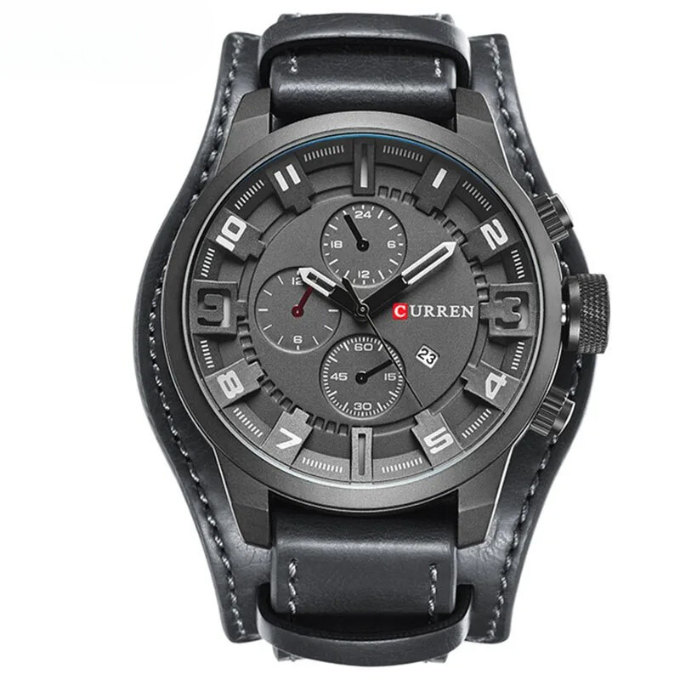 Men's fashion chronograph watch with a classic leather band and precise timing.