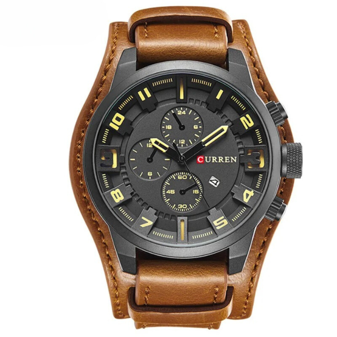 Close-up of men's classic chronograph watch with brown leather strap and black dial.