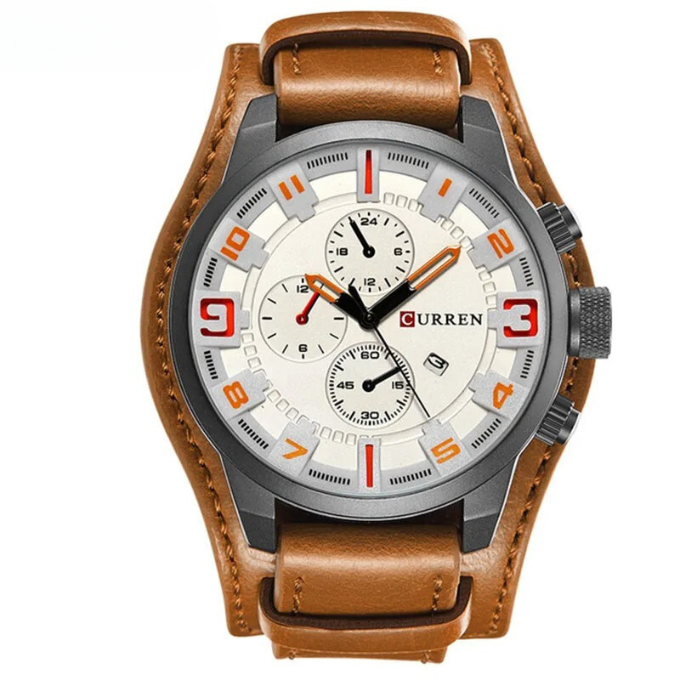 Reliable men's analog chronograph watch with a comfortable genuine leather strap.