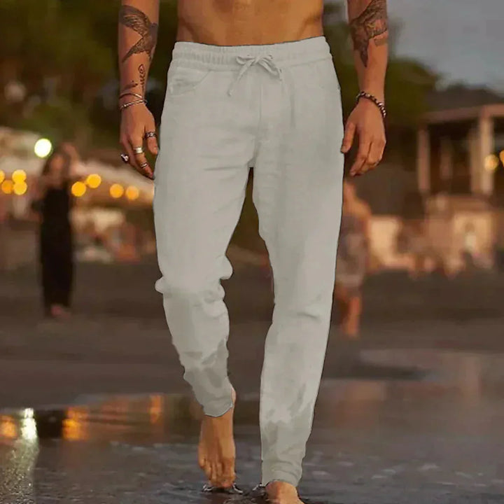 Versatile men's classic linen pants. Ideal for stylish summer casual wear and relaxed breathable outfits.