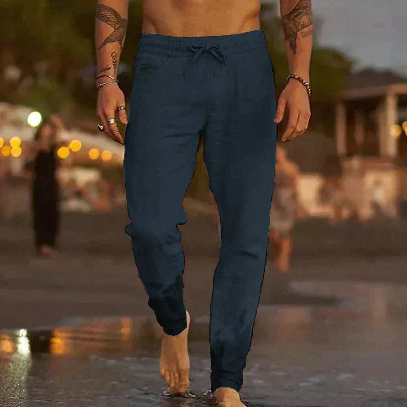 Stylish men's linen bottoms. Lightweight, breathable trousers with a relaxed fit for classic summer comfort.