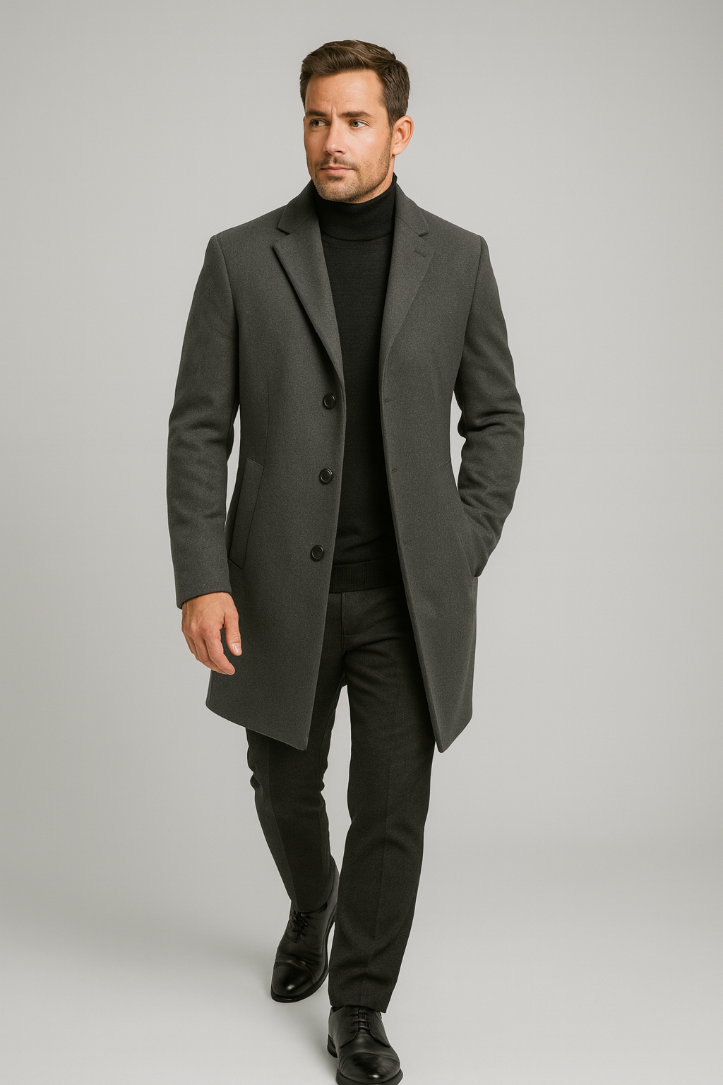 Stylish men's long overcoat featuring a sophisticated notch lapel, ideal for winter outerwear.