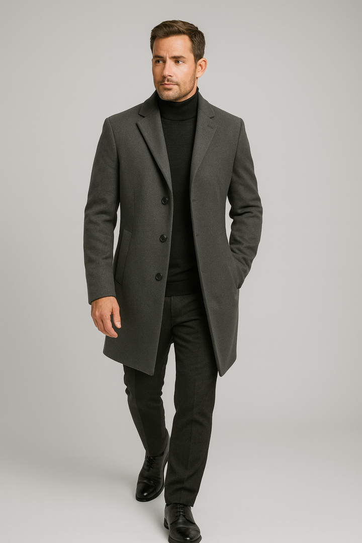Stylish men's long overcoat featuring a sophisticated notch lapel, ideal for winter outerwear.