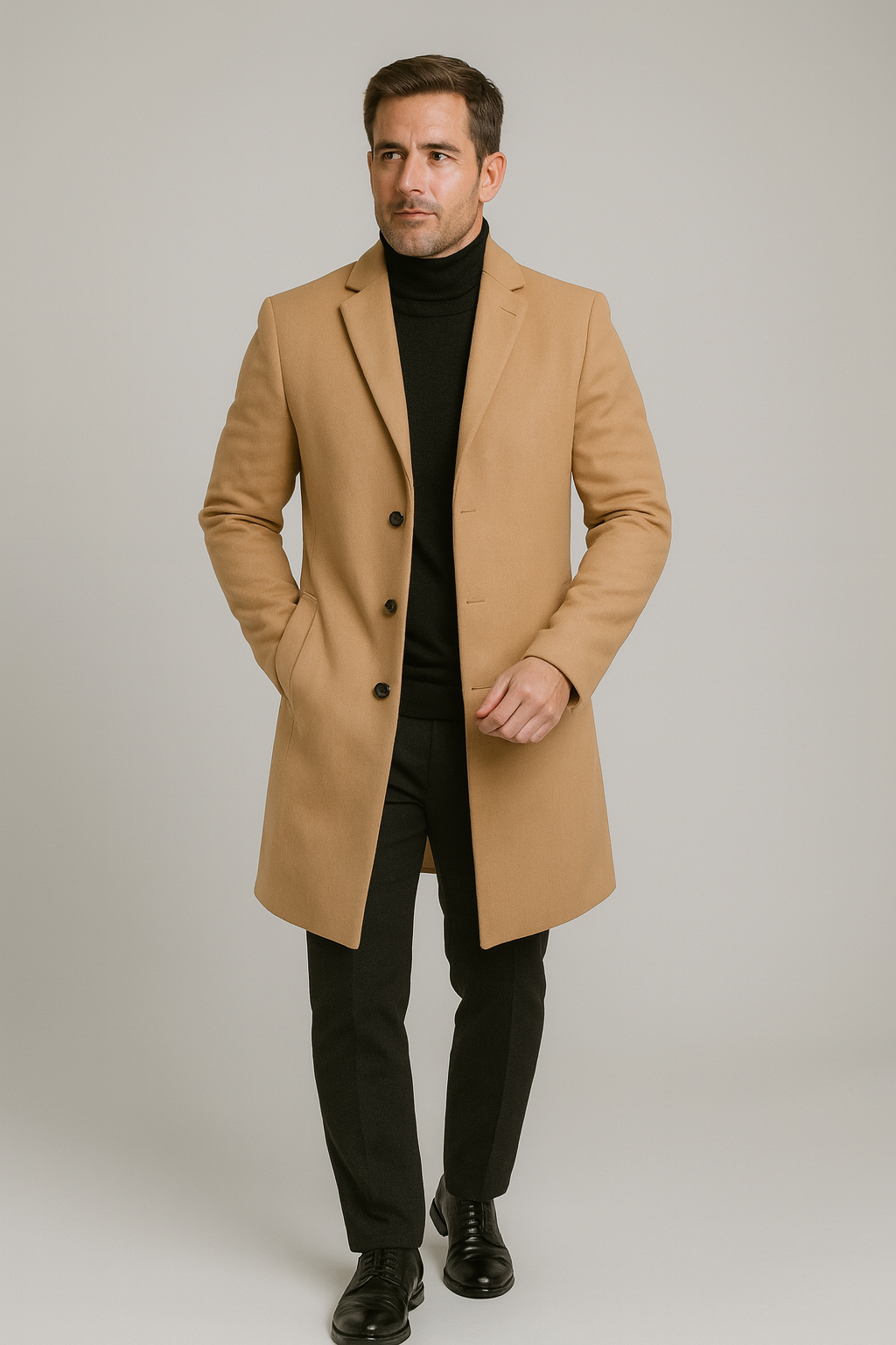 Classic men's long overcoat, a warm winter jacket and elegant trench with a notch lapel.