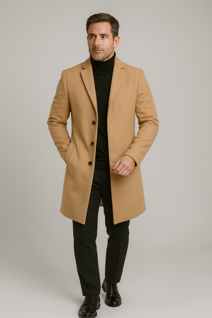 Classic men's long overcoat, a warm winter jacket and elegant trench with a notch lapel.