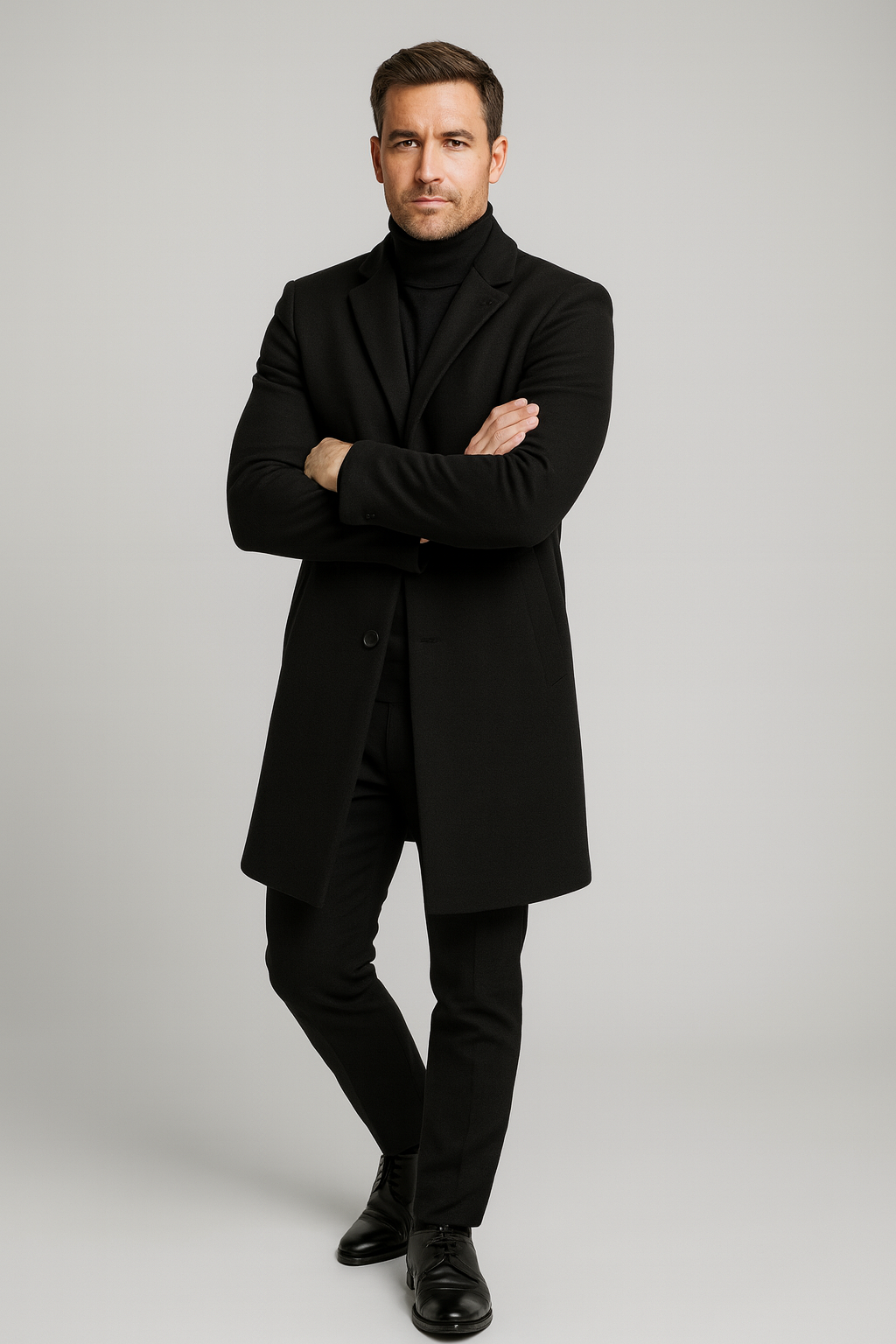 Men's stylish long overcoat, a classic trench with notch lapel, great for men's outerwear.