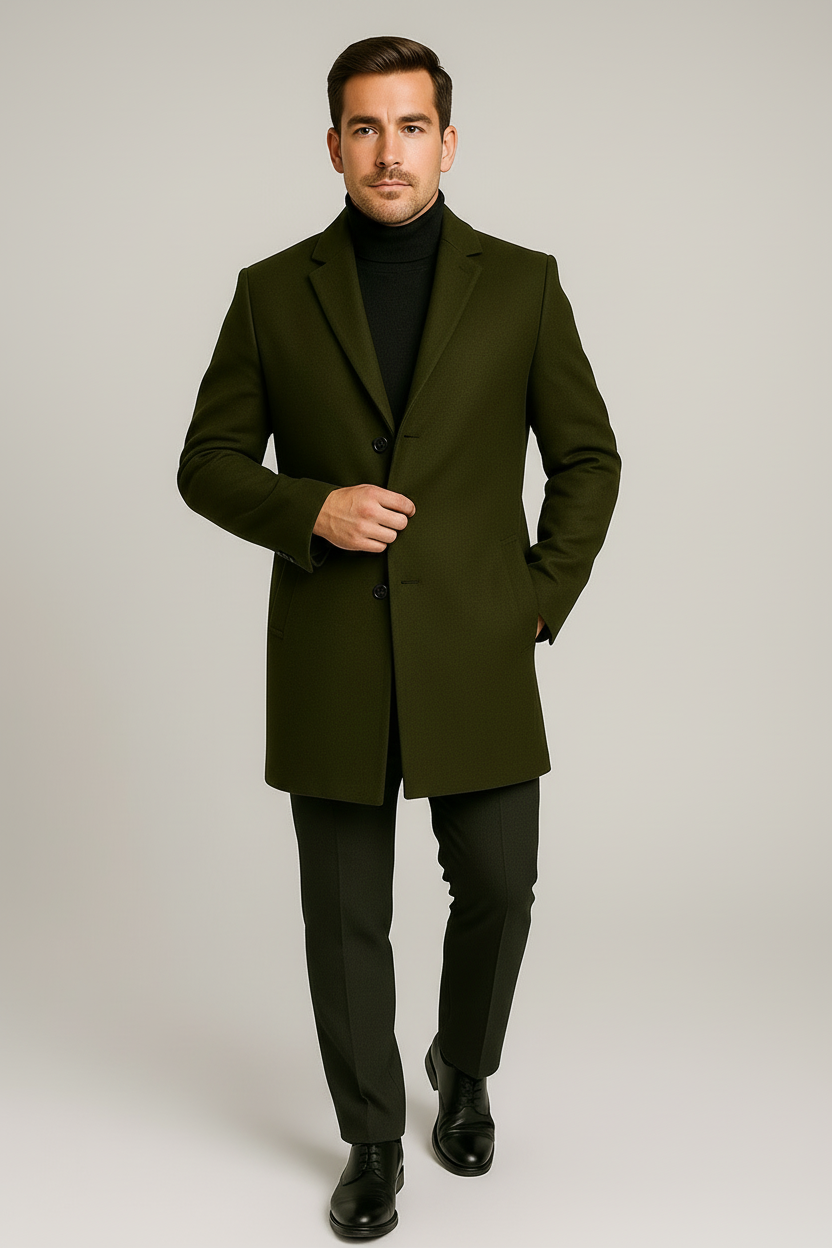 Versatile men's classic long overcoat, an elegant notch lapel trench for business or formal wear.