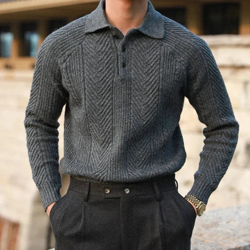 Men's classic long sleeve polo shirt, perfect for smart casual autumn fashion and refined fall style.