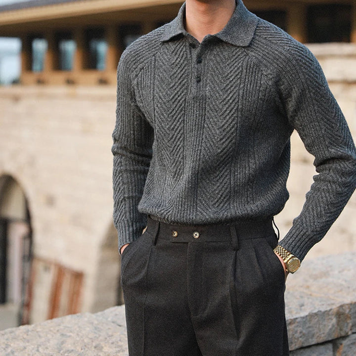 Comfortable men's long sleeve polo, an elegant top for versatile menswear and autumn smart casual outfits.