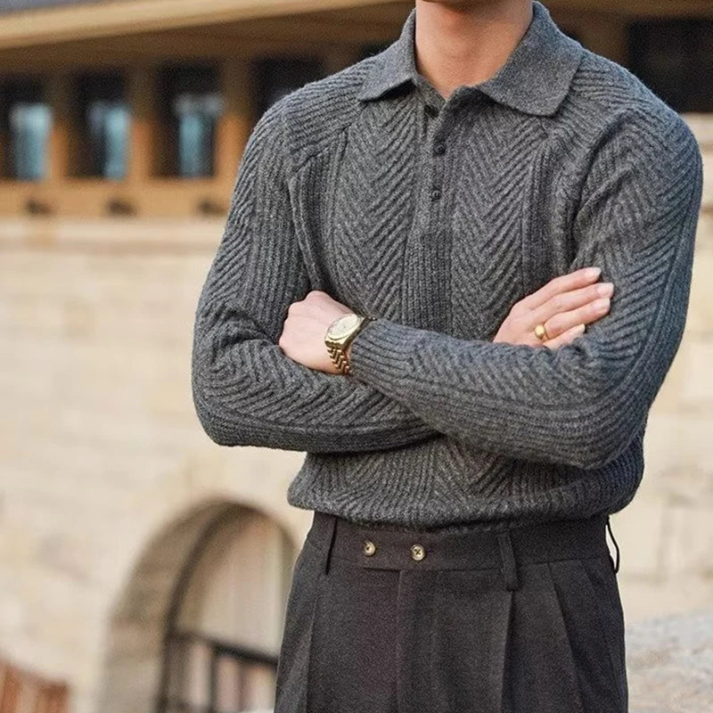 Refined men's long sleeve polo, a classic menswear top for elegant fall style and comfortable autumn fashion.