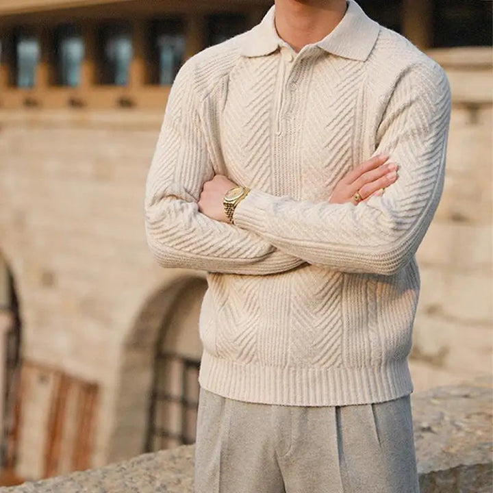 Classic men's long sleeve polo shirt, essential for elegant fall style, autumn fashion, and smart casual menswear.