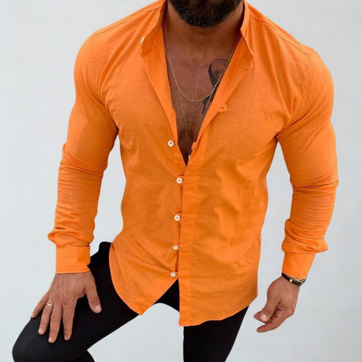 Versatile men's long sleeve polo shirt. Casual button-up top, great for spring, summer, and relaxed menswear style.