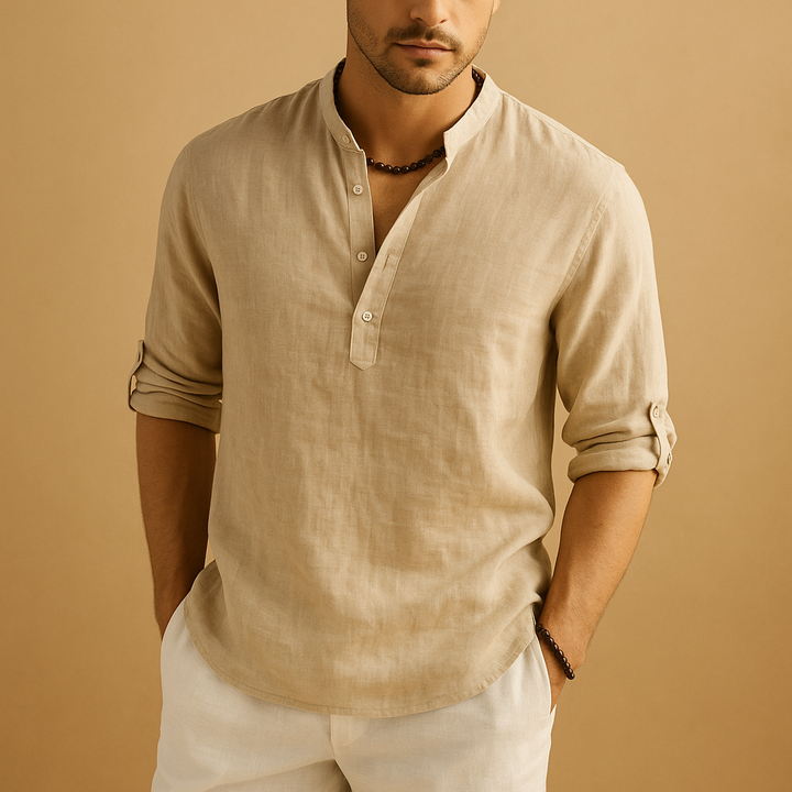 Stylish men's long sleeve collared shirt. Ideal for business casual or elegant formal wear. Everyday comfort.