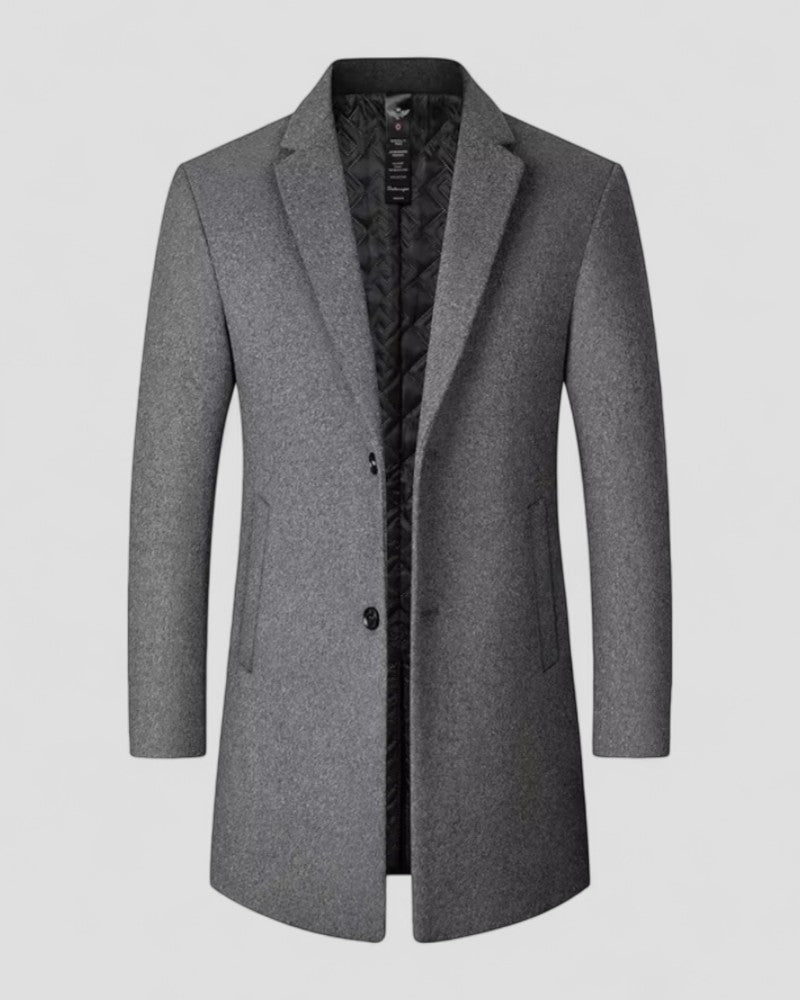 Stylish men's long trench coat. Perfect winter overcoat, versatile outerwear for formal or smart casual occasions.