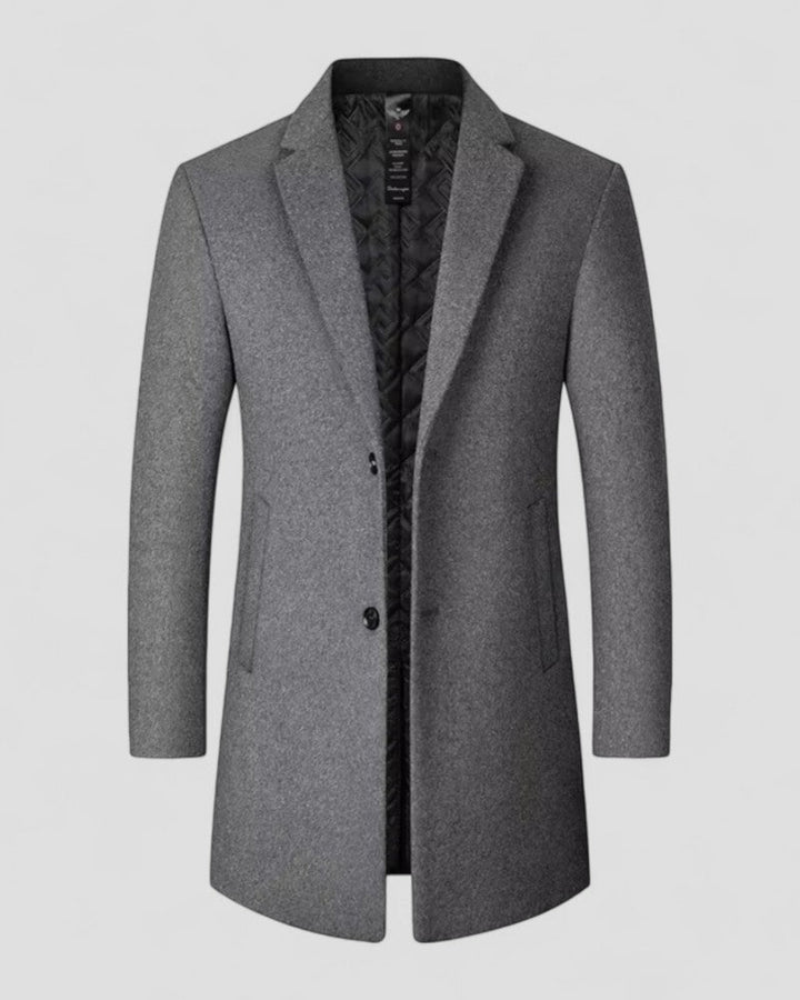 Stylish men's long trench coat. Perfect winter overcoat, versatile outerwear for formal or smart casual occasions.