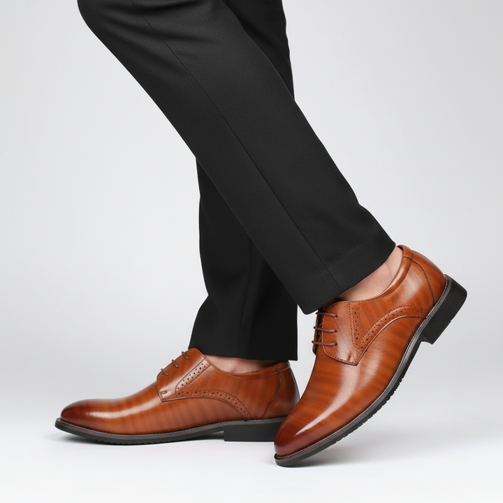 Close-up of Men's Adrian Premium Leather Perforated Oxford Dress Shoes, showcasing the elegant lace-up design.