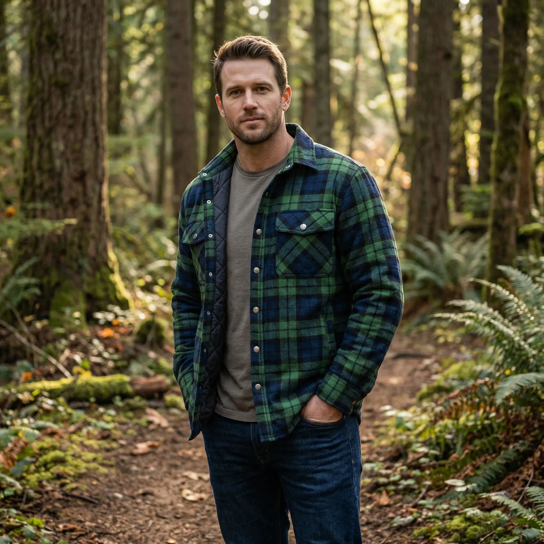 Men's classic plaid lumberjack jacket, retro style. Warm fall/winter outerwear for casual comfort.