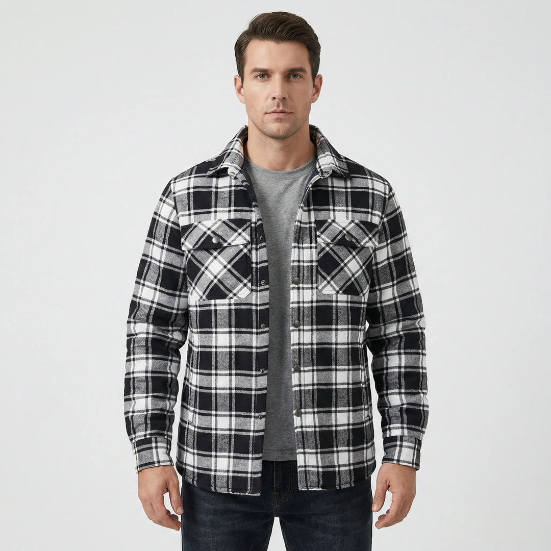 Outdoor men's retro plaid jacket. Snap button closure, perfect for fall, durable lumberjack style.
