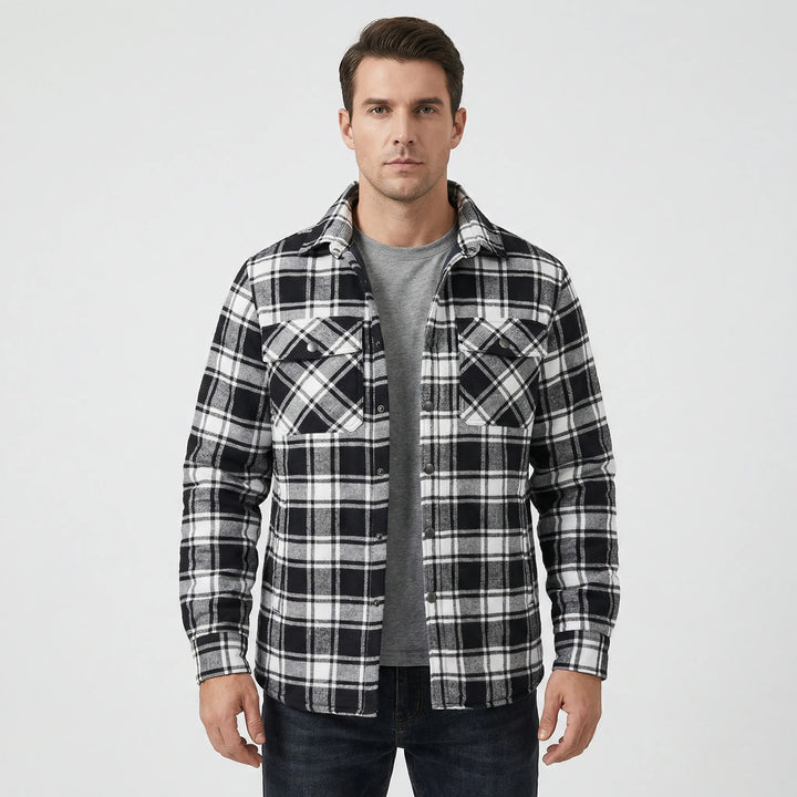 Outdoor men's retro plaid jacket. Snap button closure, perfect for fall, durable lumberjack style.