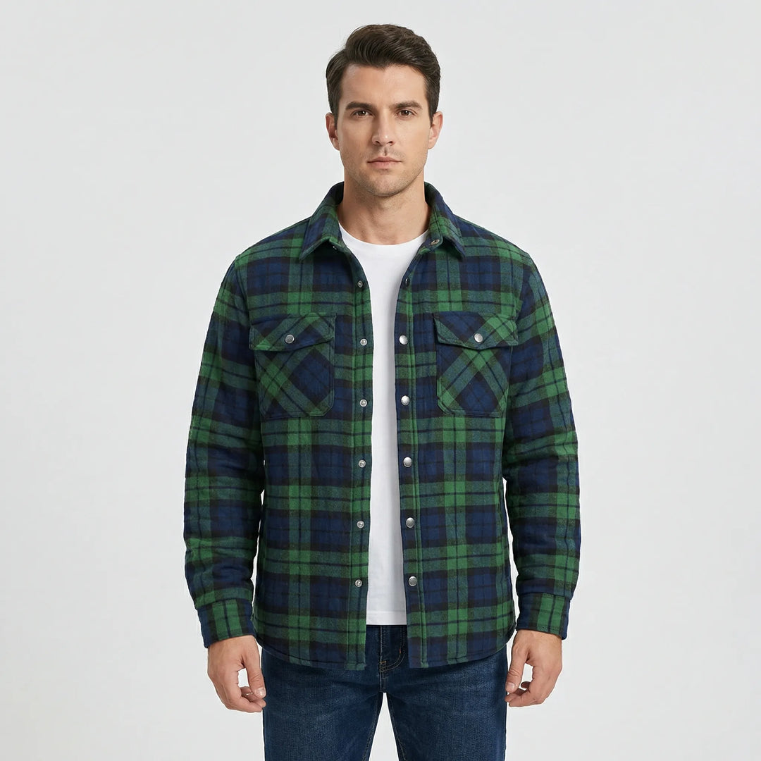 Retro plaid men's jacket with snap buttons & quilted lining. Ideal for casual outdoor wear.