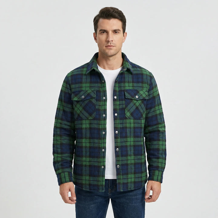 Retro plaid men's jacket with snap buttons & quilted lining. Ideal for casual outdoor wear.