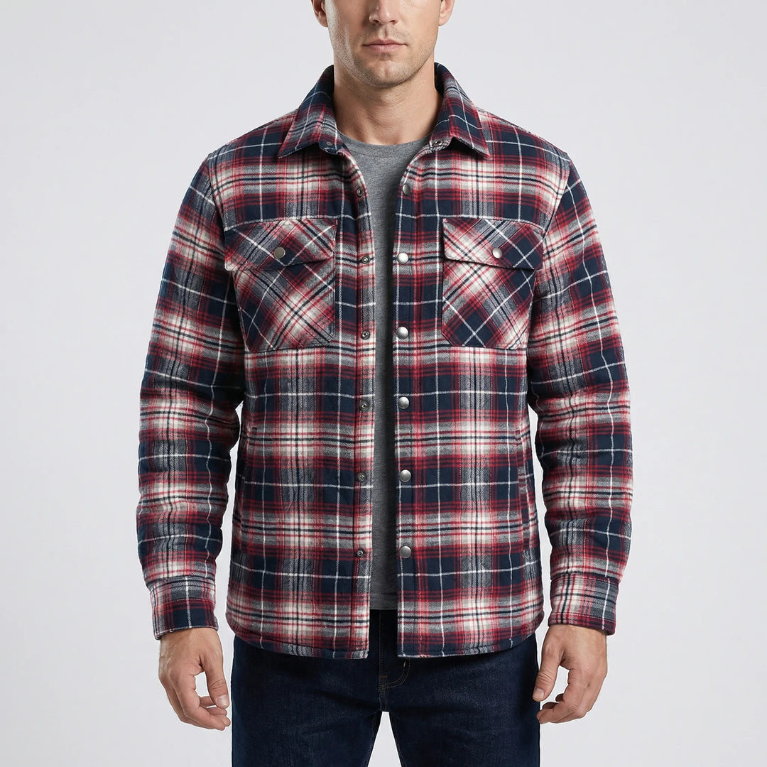 Warm men's retro plaid jacket for casual wear. Outdoor adventures, snap button closure.