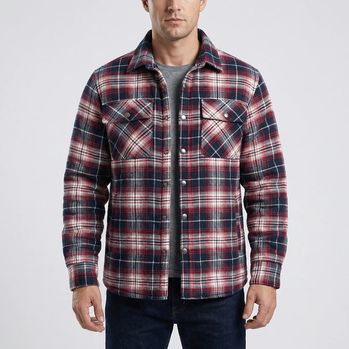 Warm men's retro plaid jacket for casual wear. Outdoor adventures, snap button closure.