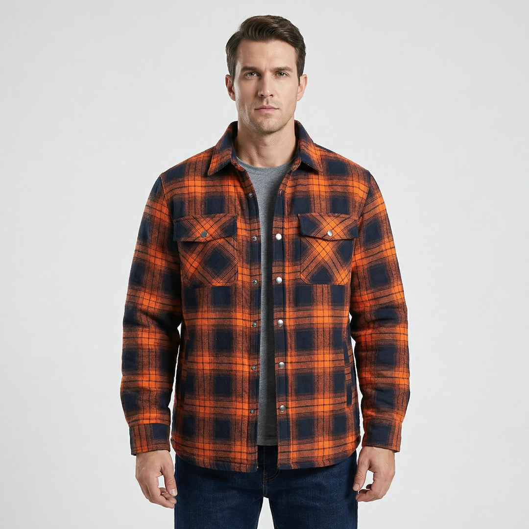 Stylish men's lumberjack jacket, classic plaid pattern. Quilted lining, great for fall.