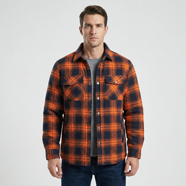 Stylish men's lumberjack jacket, classic plaid pattern. Quilted lining, great for fall.
