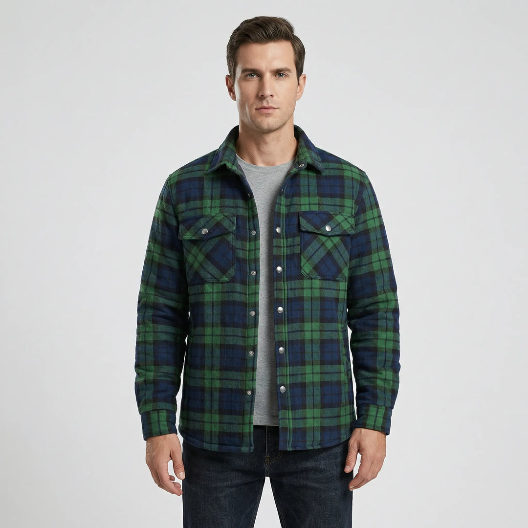 Men's retro style plaid jacket, durable for outdoor use. Snap buttons, winter essential.