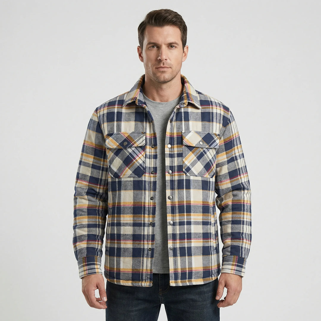 Classic fall men's plaid jacket, lumberjack design. Comfortable & warm with quilted lining.