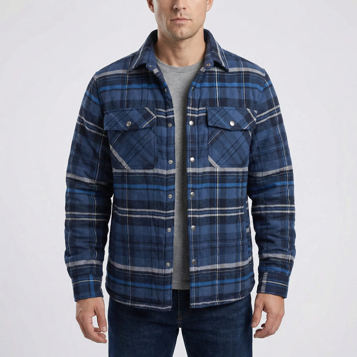 Casual men's winter jacket, retro plaid lumberjack style. Snap button front, outdoor wear.