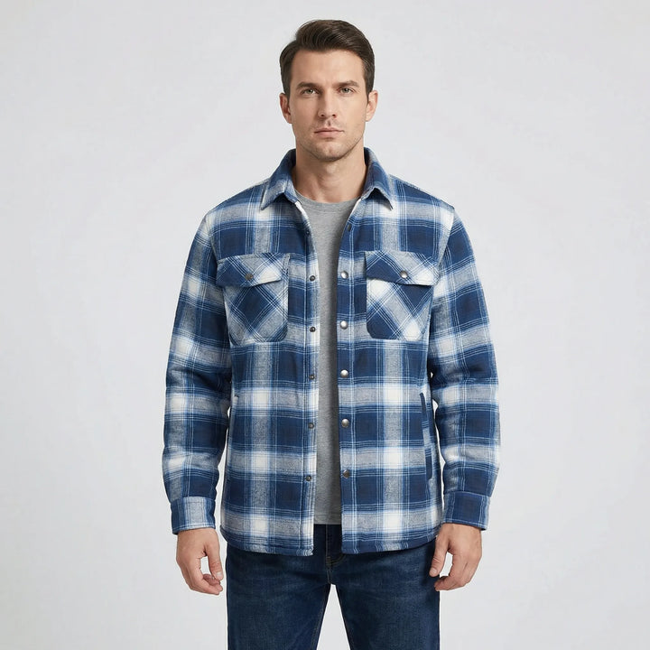 Men's classic red plaid lumberjack jacket. Retro look, warm quilted lining for cold weather.
