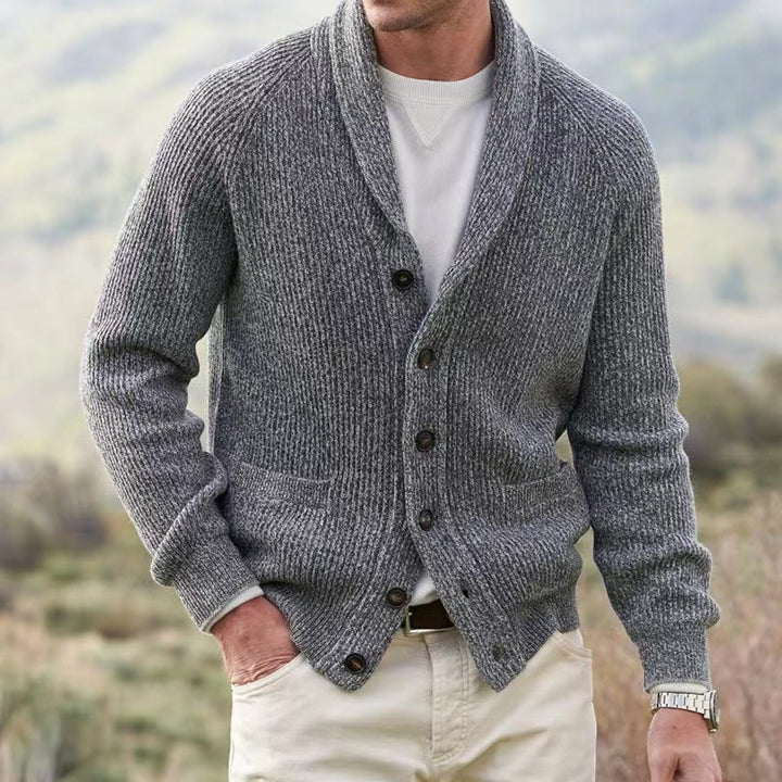 Men's classic shawl collar cardigan, button-up. Versatile for smart casual, fall & winter layering.