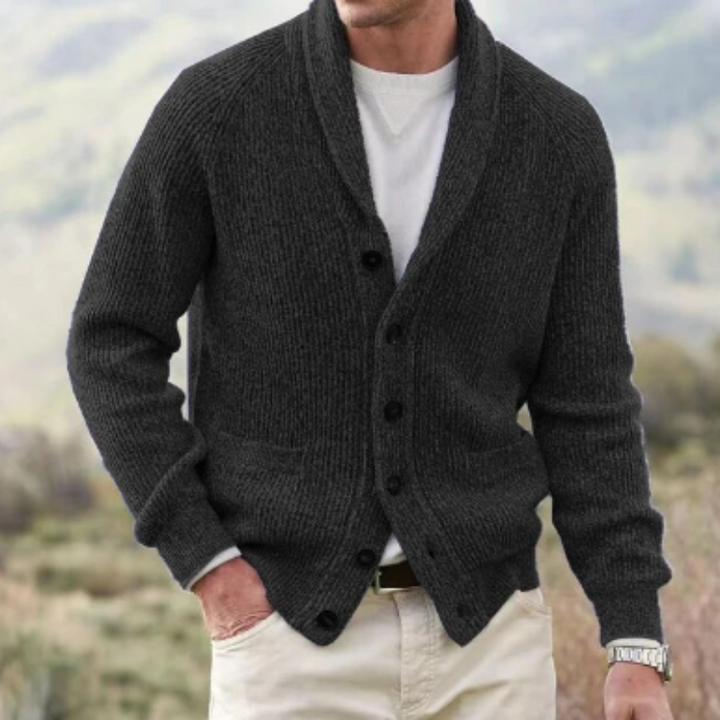 Timeless men's button-up cardigan with a stylish shawl collar. Perfect for everyday comfort & layering.
