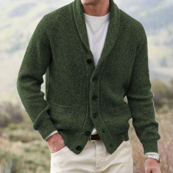 Comfortable men's shawl collar cardigan. Ideal for fall fashion, winter style, & spring outerwear.
