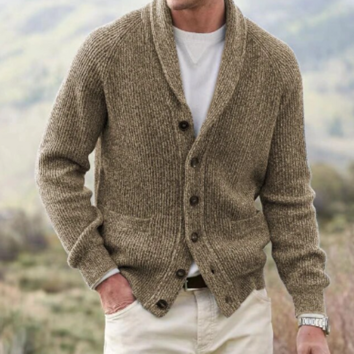 Classic men's versatile cardigan with shawl collar & button front. Great for smart casual layering.