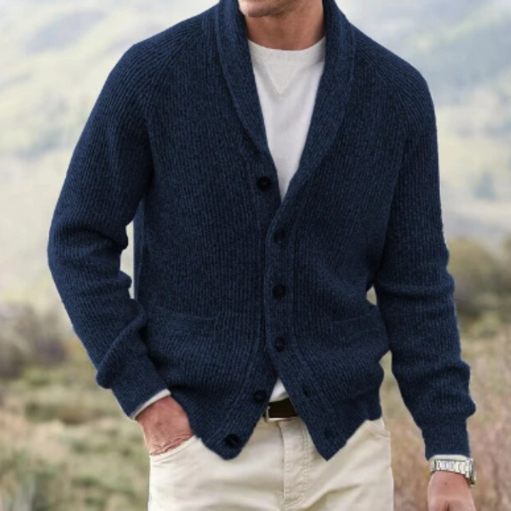 Elegant men's button-up cardigan with a sophisticated shawl collar. Essential for seasonal layering.